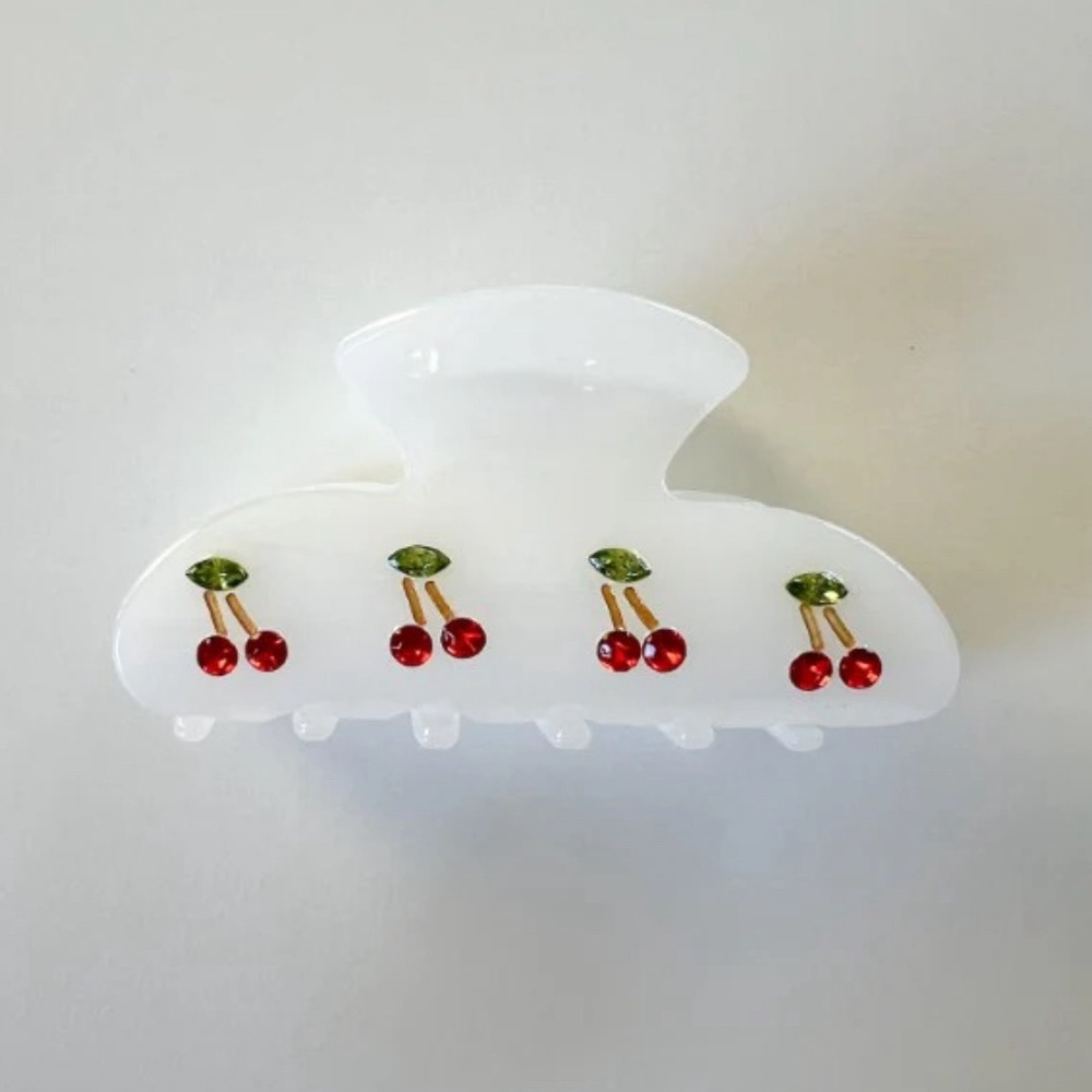 White Hair Clip with Cherry Design